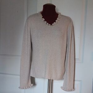 Liz Claiborne Cream V-Neck Sweater with Ruffle Trim, Sz.Lg. 5/$50